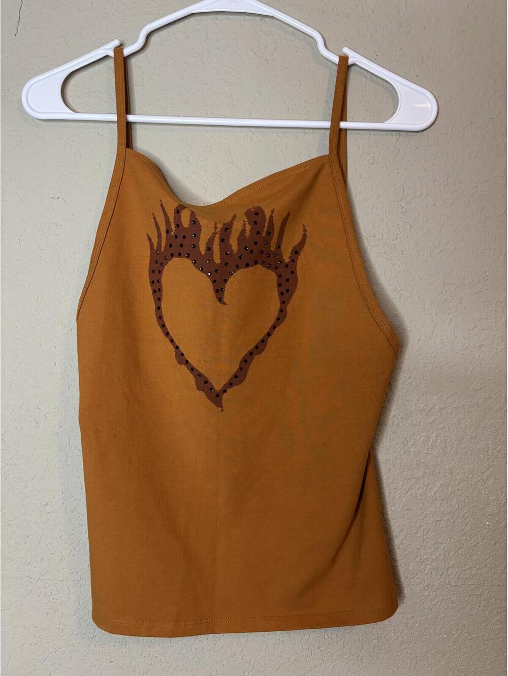 Silence + Noise Mustard Brown Heart Graphic Strappy Camisole Tank Top Size L